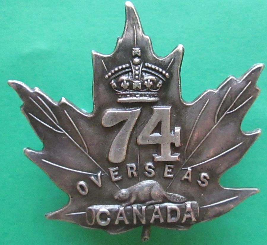 A RARE CANADIAN SILVER OFFICERS 74th OVER SEAS BATTALION CAP BADGE