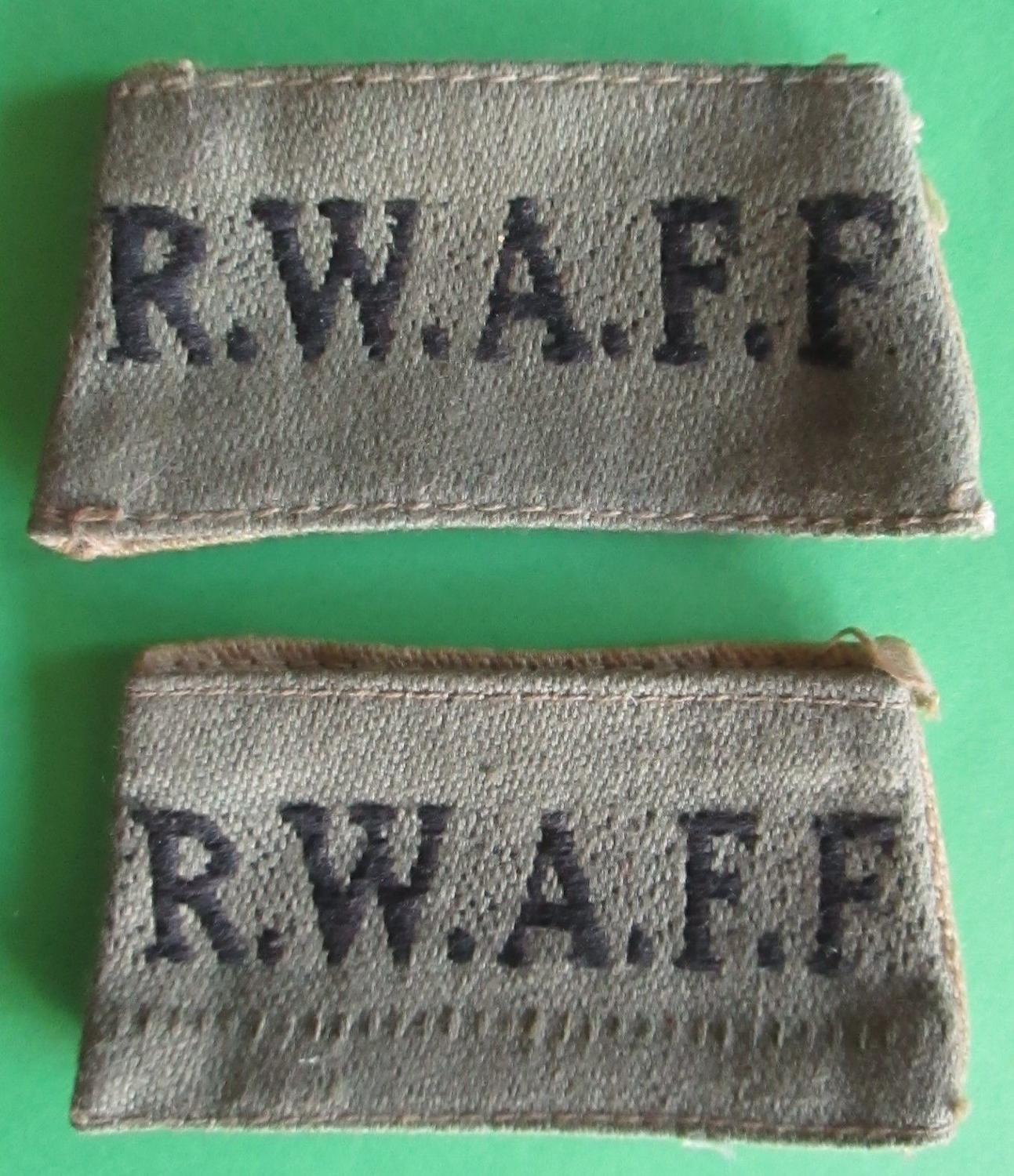 A PAIR OF RWAFF SLIDE ON TITLES